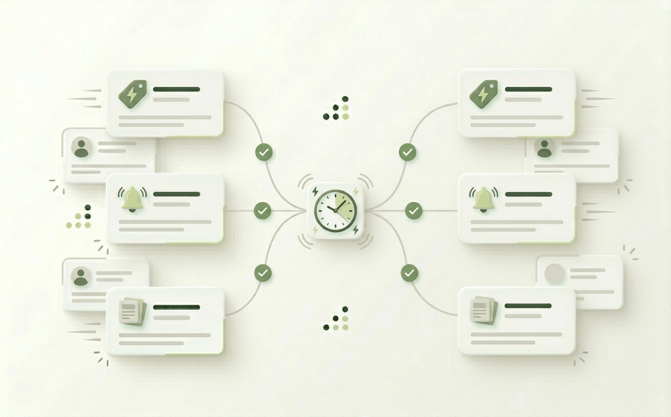 Minimal illustration of real-time notifications delivered instantly to audience cards