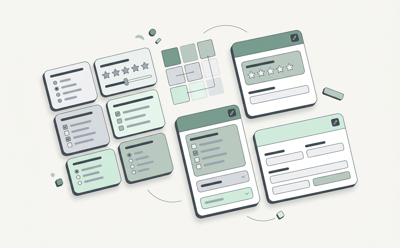 Minimal illustration of engaging survey template cards with ratings and input fields